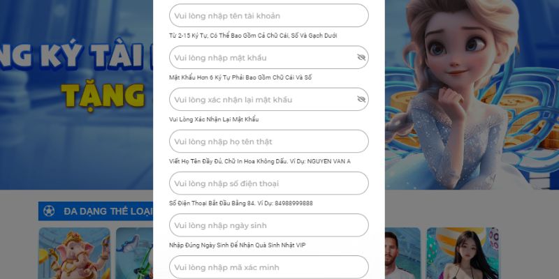 Thông tin người chơi cần điền khi đăng ký